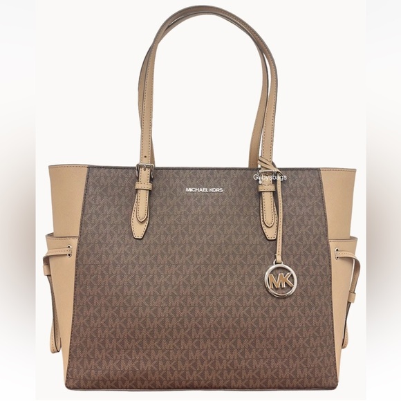 Michael Kors Gilly Large Jet Set Travel Drawstring Tote Camel Brown MK Signature - Picture 4 of 9